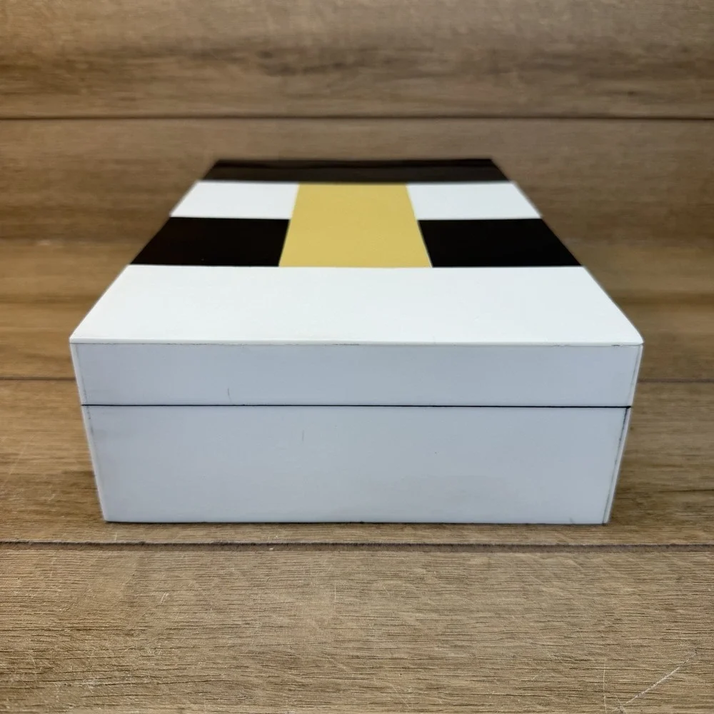 Handmade Wood Storage Stash Trinket Box Black Yellow White Geometric Hinged